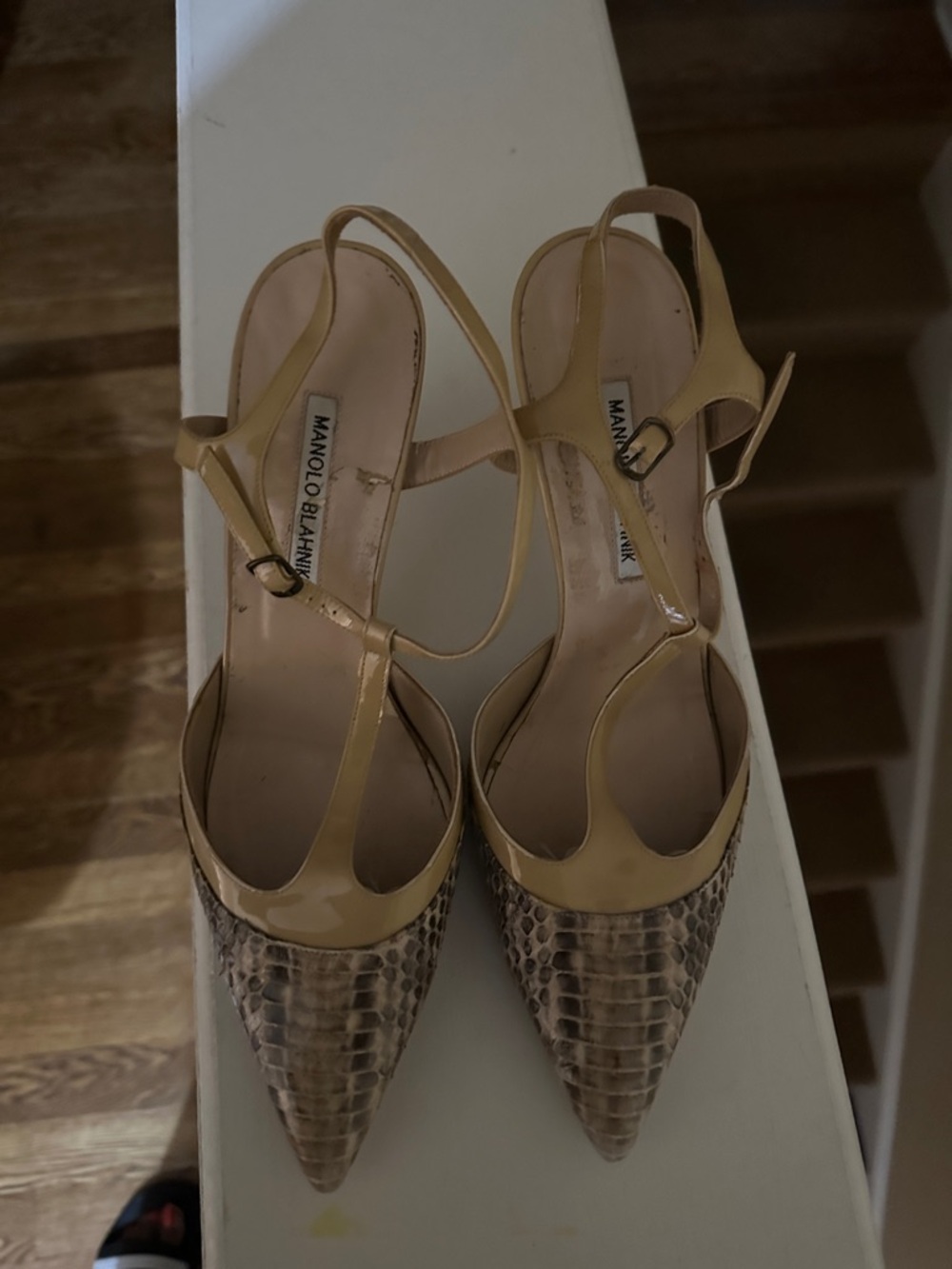 Manolo Blahnik Neutral Snake-Print Pointed Toe Slingback Pumps